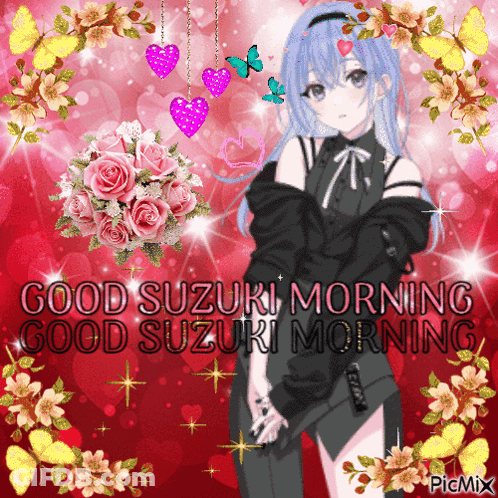 A Girl With Blue Hair Is Surrounded By Pink Flowers And Butterflies And Says Good Suzuki Morning GIF