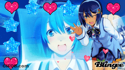 A Girl With Blue Hair Is Surrounded By Pink Hearts And Says Blingee On The Bottom GIF