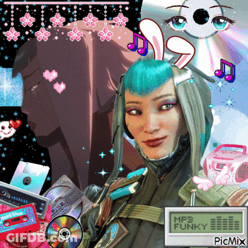 A Girl With Blue Hair Is Surrounded By Various Items Including A Mp3 Funky Device GIF