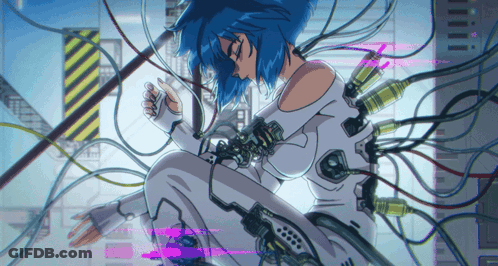 A Girl With Blue Hair Is Surrounded By Wires And A Sign That Says Ii GIF