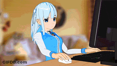 A Girl With Blue Hair Is Using A Computer GIF