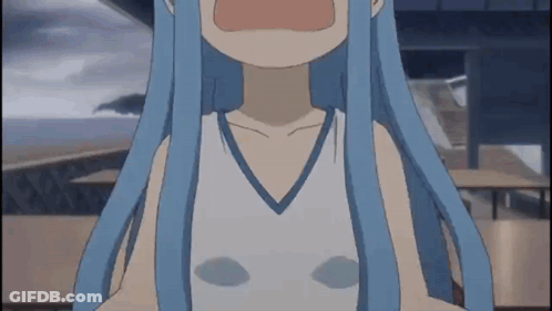 A Girl With Blue Hair Is Wearing A White Tank Top And A Blue Collar . GIF