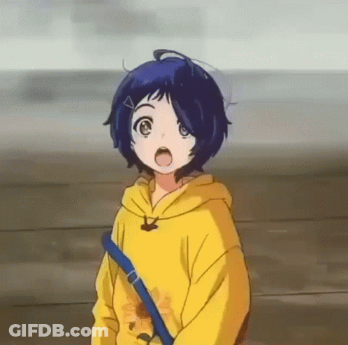 A Girl With Blue Hair Is Wearing A Yellow Hoodie And A Blue Shoulder Strap . GIF