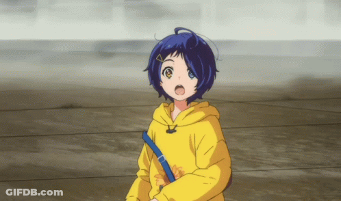 A Girl With Blue Hair Is Wearing A Yellow Hoodie And A Blue Strap GIF