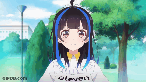 A Girl With Blue Hair Is Wearing An Eleven Sweater GIF