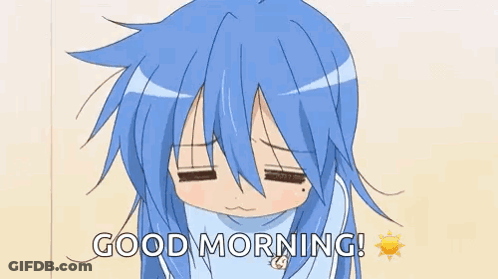 A Girl With Blue Hair Is Yawning And Says `` Good Morning '' . GIF