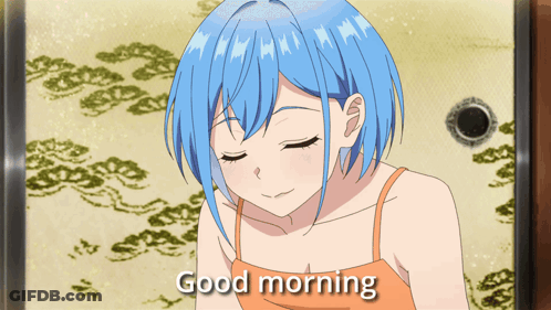 A Girl With Blue Hair Says Good Morning In A Cartoon GIF