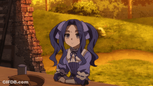 A Girl With Blue Hair Sits At A Table GIF
