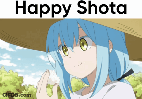 A Girl With Blue Hair Wearing A Straw Hat With The Words Happy Shota Above Her GIF