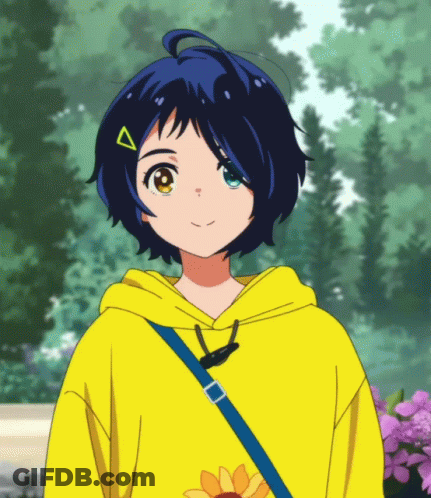 A Girl With Blue Hair Wearing A Yellow Hoodie With A Sunflower On It GIF