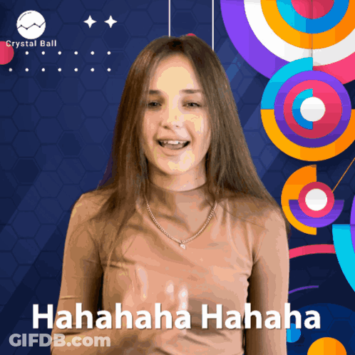 A Girl With Braces On Her Teeth Is Laughing In Front Of A Colorful Background That Says ' Crystal Ball ' On It GIF