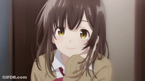A Girl With Brown Hair And Yellow Eyes Is Wearing A School Uniform And Tie GIF