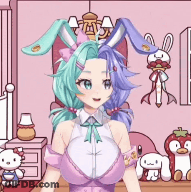 A Girl With Bunny Ears Is Standing In A Room With Stuffed Animals And A Hello Kitty . GIF