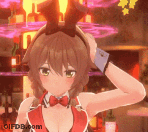 A Girl With Bunny Ears Is Standing In Front Of A Bar GIF