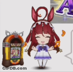 A Girl With Bunny Ears Is Standing Next To A Jukebox .. GIF
