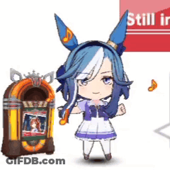 A Girl With Bunny Ears Is Standing Next To A Jukebox And A Sign That Says Still In . GIF