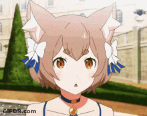 A Girl With Cat Ears And A Bow On Her Head Is Standing In Front Of A Building . GIF
