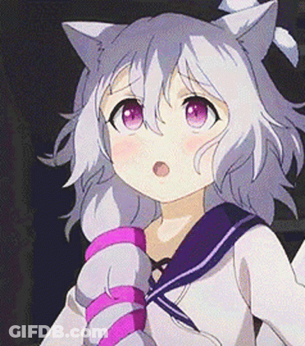 A Girl With Cat Ears And Pink Eyes Is Wearing A Sailor Uniform And Holding A Stuffed Animal . GIF