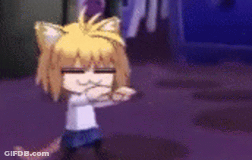 A Girl With Cat Ears Is Dancing In A Room With A Purple Background . GIF
