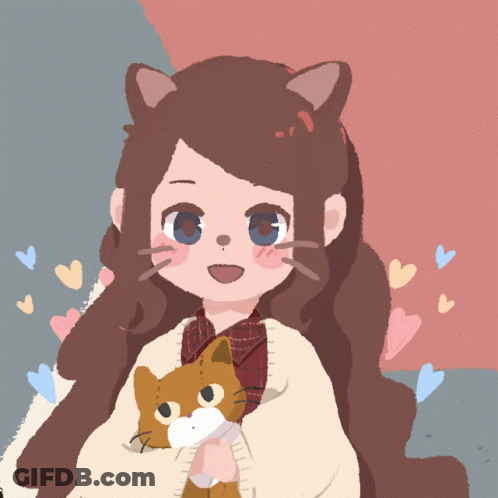 A Girl With Cat Ears Is Holding A Brown Cat GIF