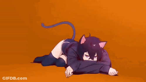 A Girl With Cat Ears Is Laying On The Floor With Her Head On Her Knee . GIF