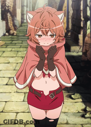 A Girl With Cat Ears Is Wearing A Pink Cape And Red Shorts GIF