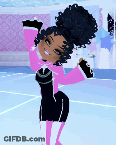 A Girl With Curly Hair And A Pink And Black Outfit GIF