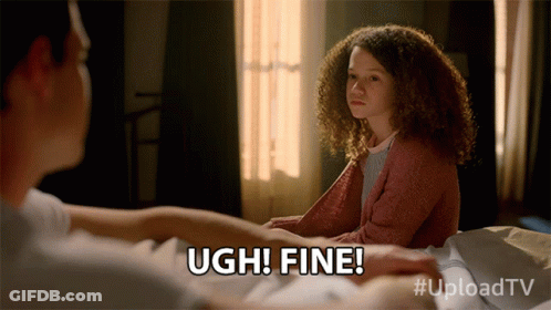 A Girl With Curly Hair Is Sitting On A Bed With A Caption That Says Ugh Fine GIF