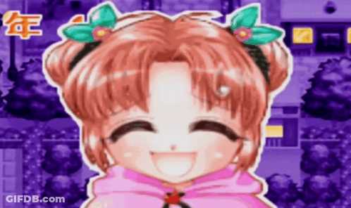 A Girl With Flowers In Her Hair Is Smiling In Front Of A Purple Background GIF