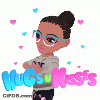 A Girl With Glasses And A Bun Is Surrounded By Hearts And The Word Hugs And Kisses GIF