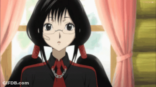A Girl With Glasses And A Chain Around Her Neck Is Standing In Front Of A Window With A Pink Curtain GIF