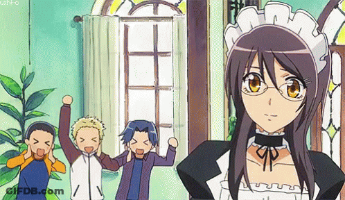 A Girl With Glasses And A Maid Outfit Stands In Front Of A Group Of Kids GIF