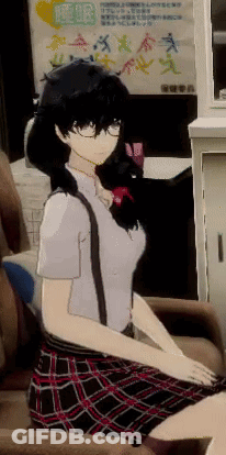A Girl With Glasses And A Plaid Skirt Is Sitting In Front Of A Sign That Says ' A ' On It GIF