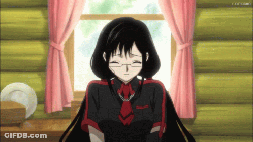 A Girl With Glasses And A Red Tie Stands In Front Of A Window With Funimation Written On The Bottom Right GIF