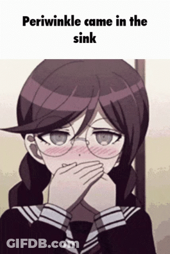 A Girl With Glasses Covering Her Mouth With Her Hands And The Words Periwinkle Came In The Sink Below Her GIF