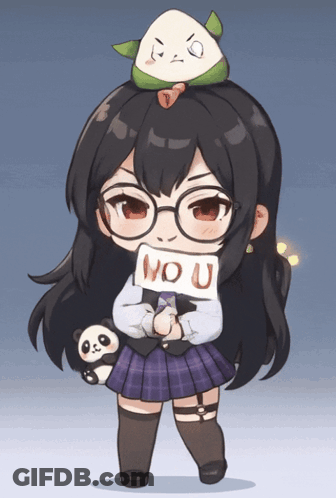 A Girl With Glasses Is Holding A Sign That Says " No U " GIF