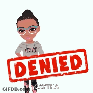 A Girl With Glasses Is Holding A Stamp That Says Denied GIF