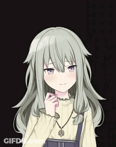 A Girl With Gray Hair And Blue Eyes Is Wearing A Necklace GIF