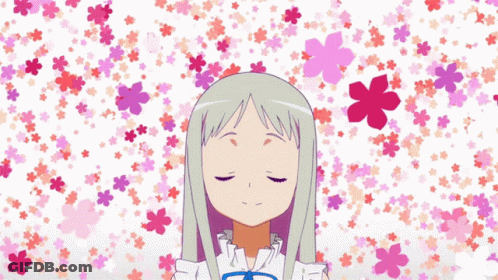 A Girl With Gray Hair And Blue Eyes Stands In Front Of A Background Of Pink Flowers GIF