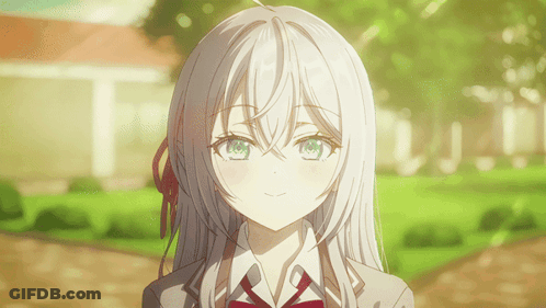 A Girl With Gray Hair And Green Eyes Is Smiling GIF