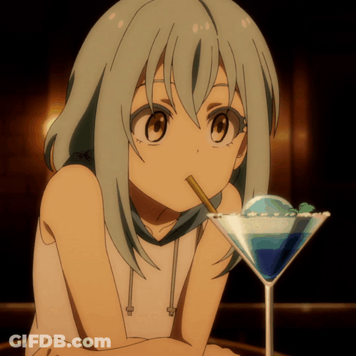 A Girl With Gray Hair Drinking From A Martini Glass GIF