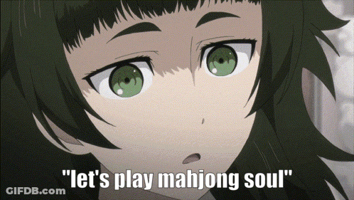 A Girl With Green Eyes And The Words " Let 'S Play Mahjong Soul " GIF