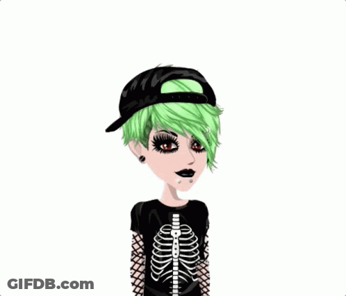 A Girl With Green Hair And A Black Hat Is Surrounded By Hearts GIF