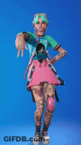 A Girl With Green Hair And A Pink Skirt Is Dancing In A Video Game Against A Blue Background . GIF