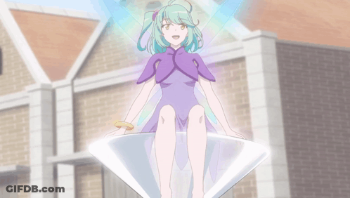 A Girl With Green Hair And A Purple Cape Is Sitting On A Diamond GIF