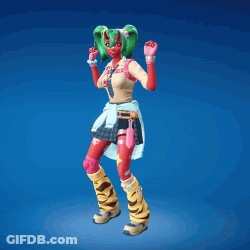 A Girl With Green Hair And A Red Face Is Standing On A Blue Background GIF