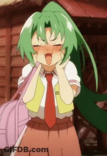 A Girl With Green Hair And A Red Tie Is Making A Face . GIF