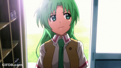 A Girl With Green Hair And A Tie Is Standing In A Doorway GIF