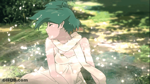 A Girl With Green Hair And A White Dress Is Sitting In A Field GIF