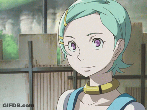 A Girl With Green Hair And Purple Eyes Is Wearing A Choker Around Her Neck GIF